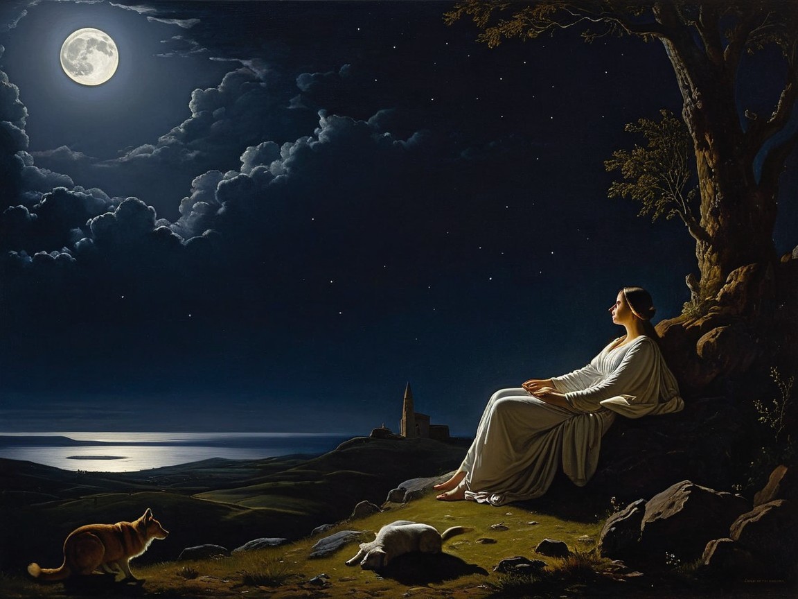 Serene Night Scene with Moon, Woman, and Dogs