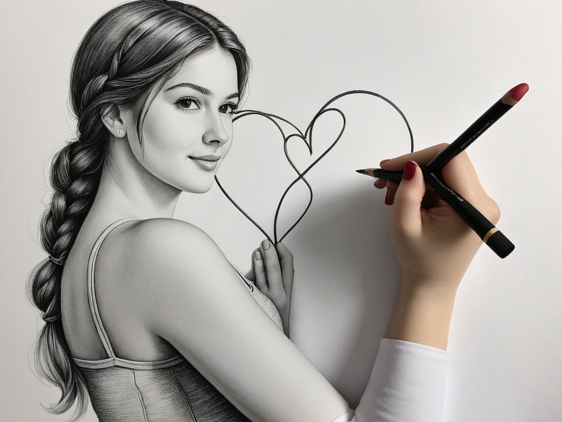 Black-and-white drawing of a woman with braided hair