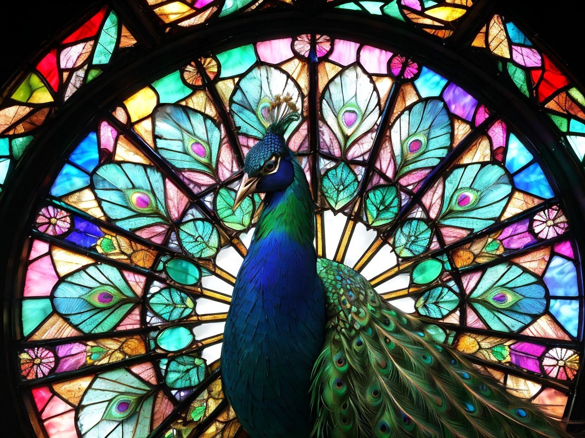 Peacock Displayed Against Colorful Stained Glass Window