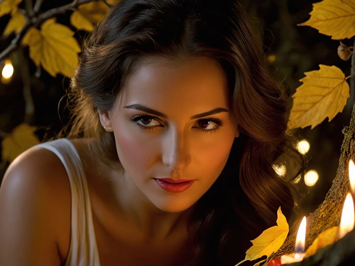 Close-Up Portrait of Woman with Autumn Leaves and Lights