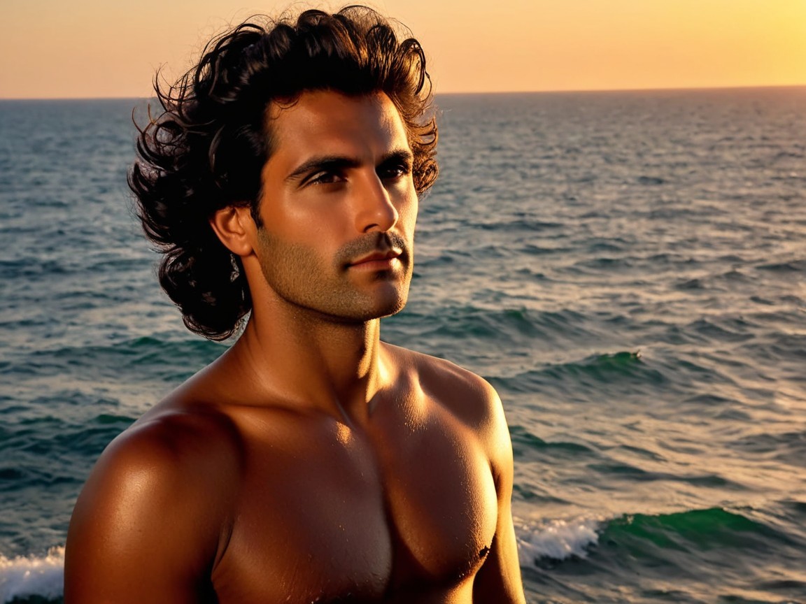 Muscular Man at Ocean During Sunset with Waves