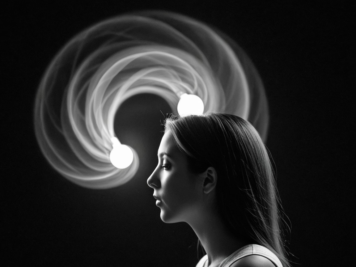 Profile Silhouette of Young Woman with Glowing Orbs