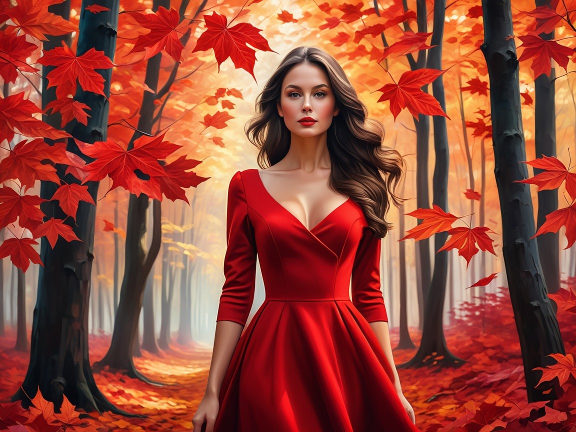 Woman in Red Dress Amidst Autumn Landscape