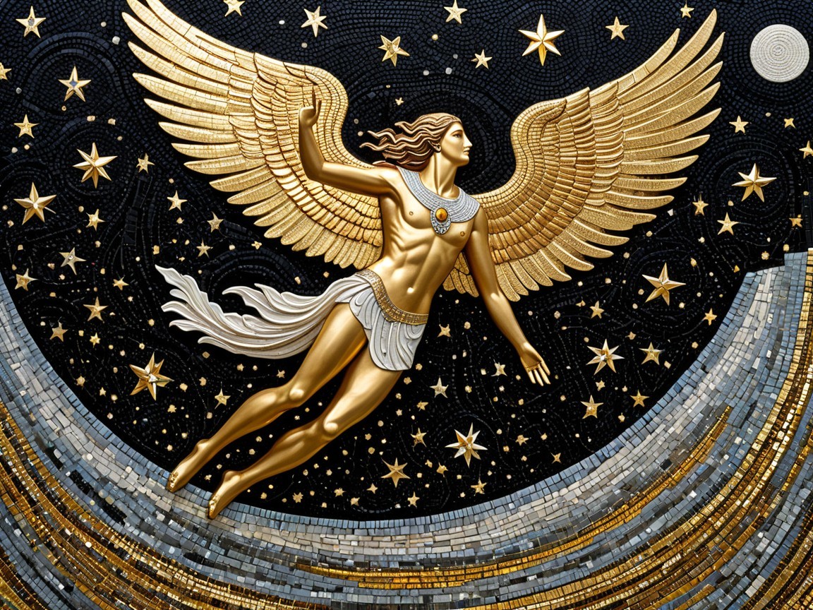 Golden-winged figure mosaic in a starry night sky