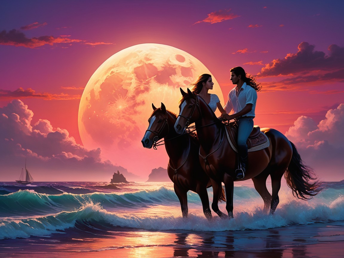 Romantic Beach Scene at Twilight with Horses and Moonlight