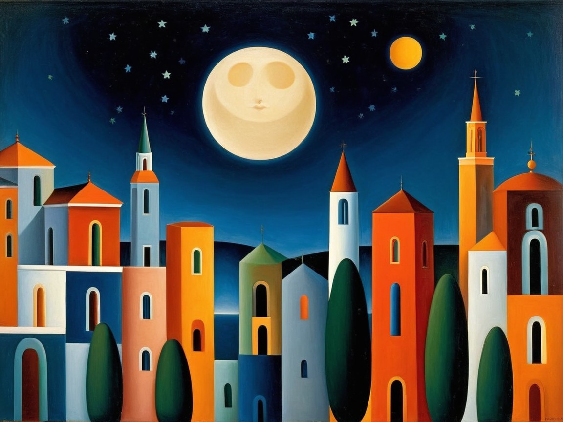 Colorful Night Cityscape with Stylized Buildings