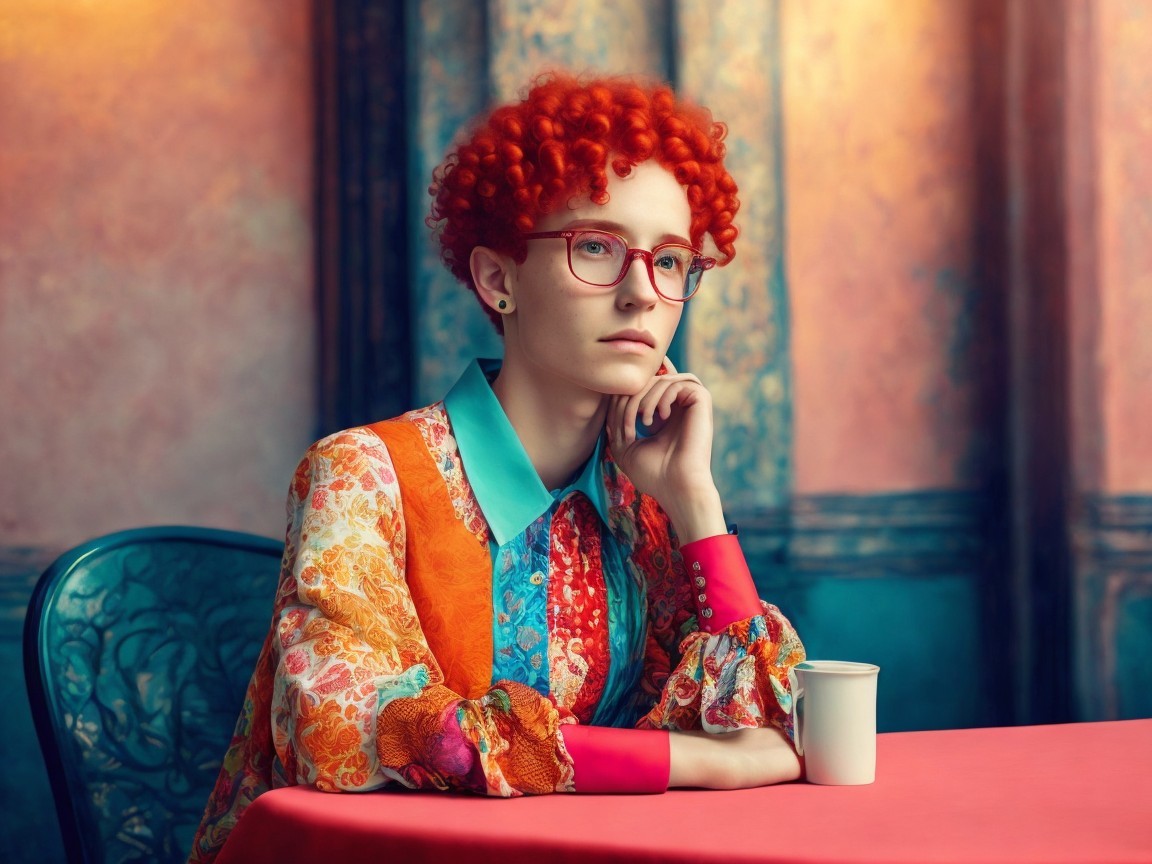 Person with curly red hair in colorful attire at table