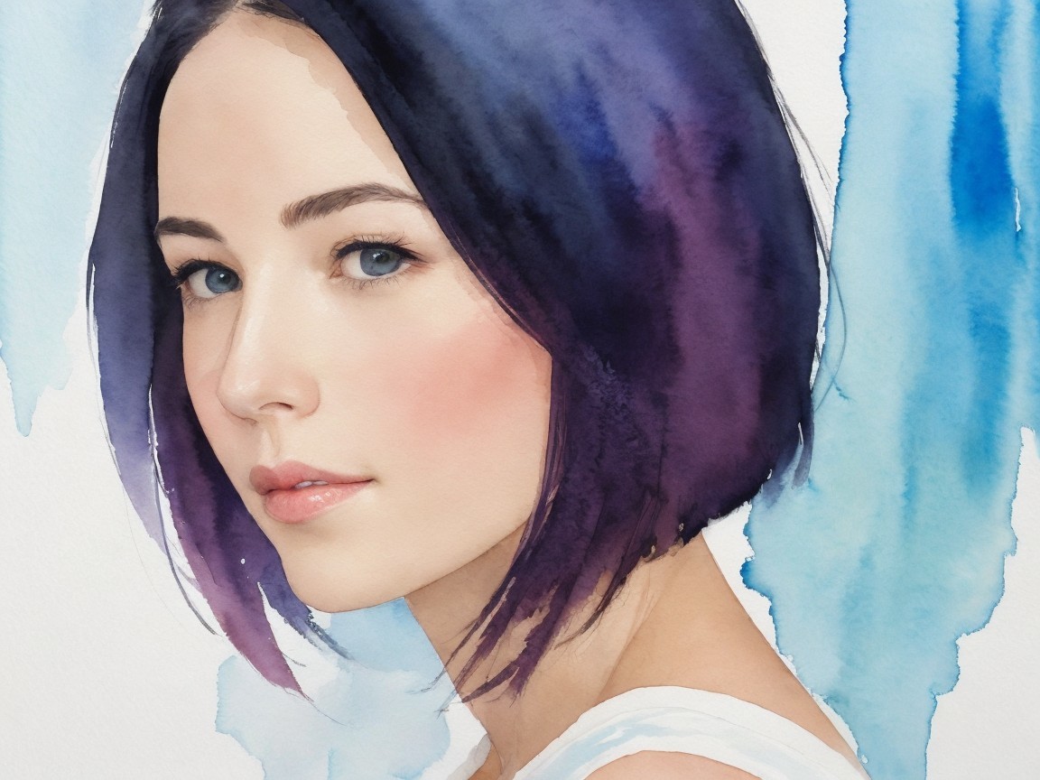 Close-Up Watercolor Portrait of a Young Woman