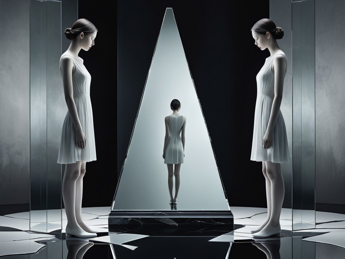 Woman in White Dress Surrounded by Triangular Mirrors