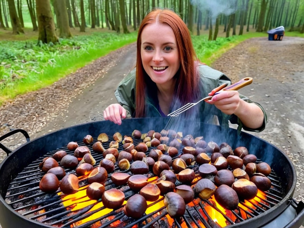 Young Woman Grilling Chestnuts in Forest Setting