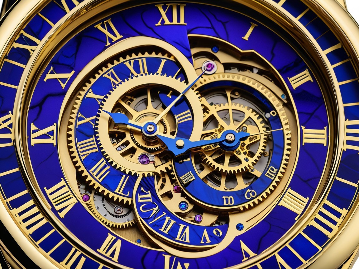Intricate Mechanical Watch Movement in Blue and Gold