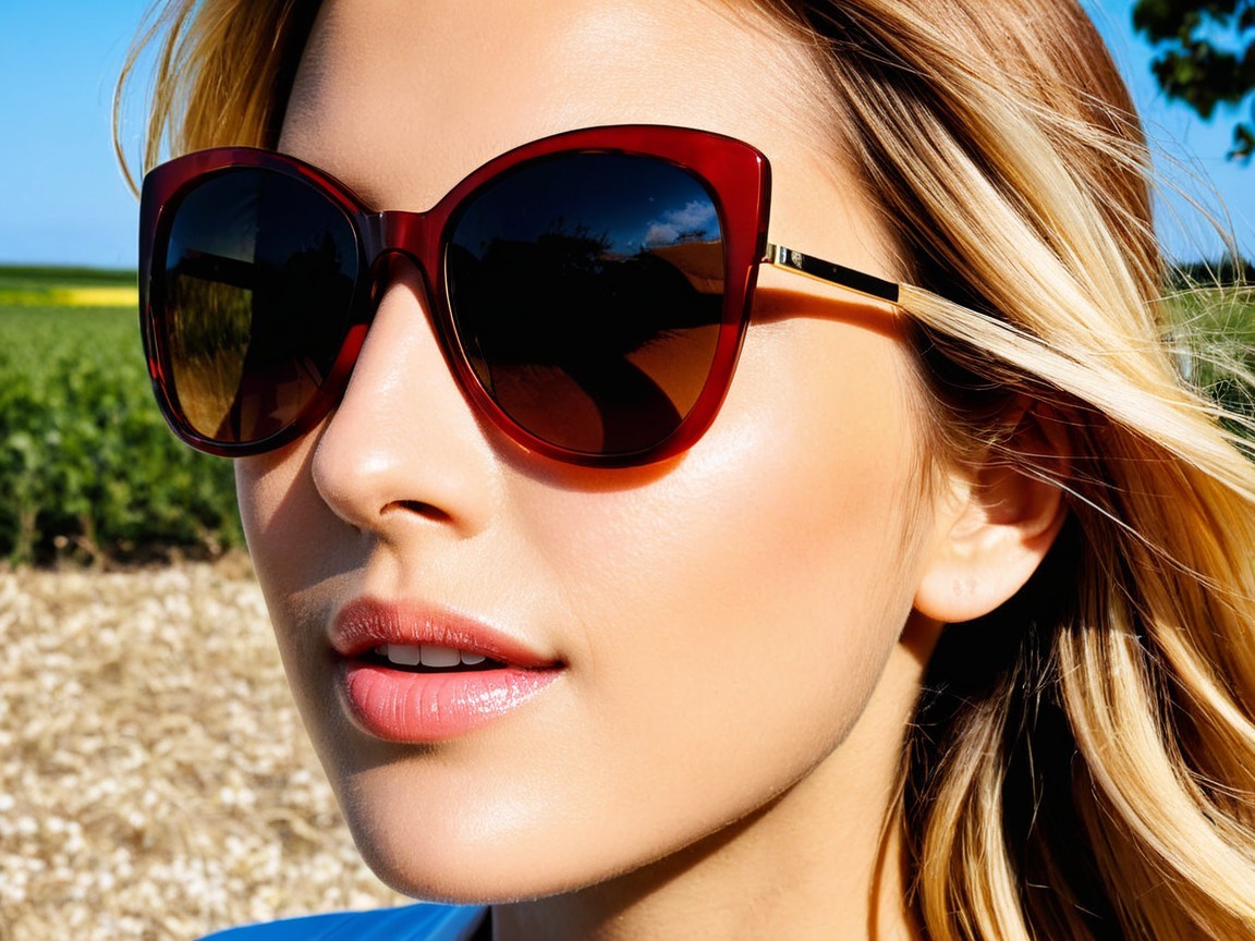Woman with long hair in dark red sunglasses outdoors