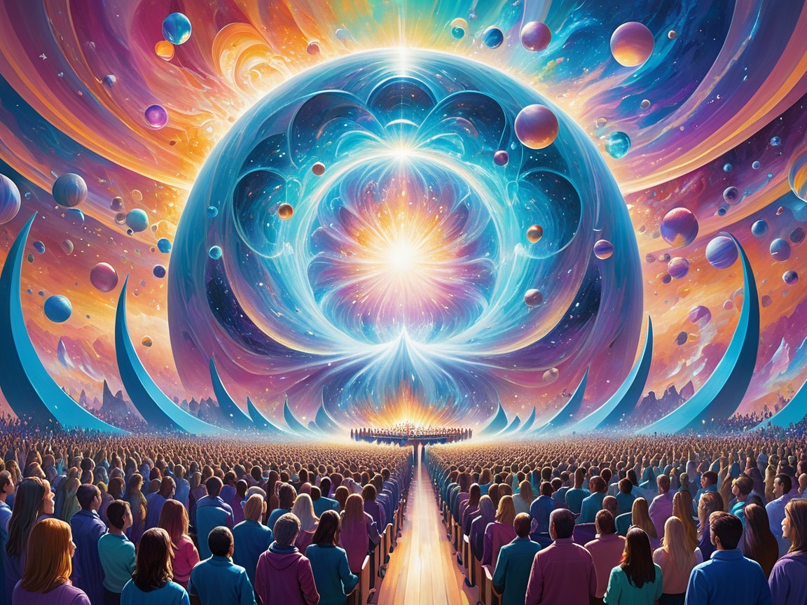 Cosmic Landscape with People Gazing at Light Explosion