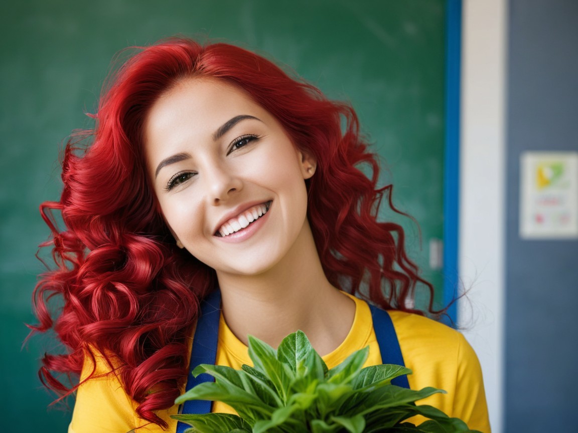 Cheerful young woman with red hair in classroom setting