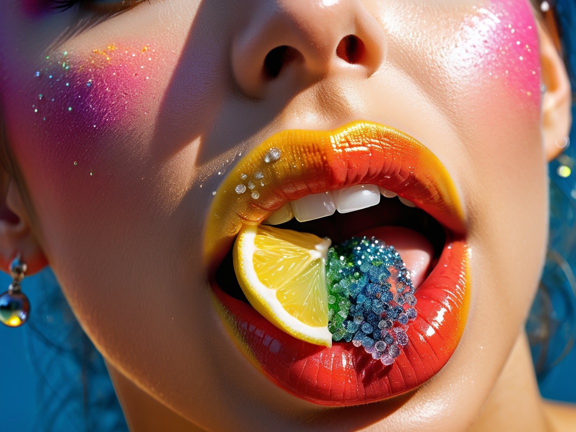 Close-up of a woman's colorful makeup and accessories