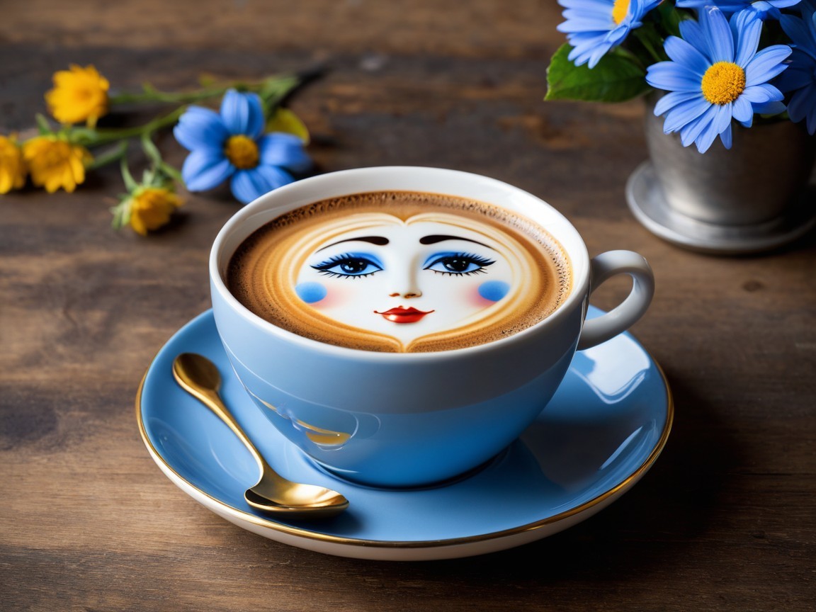 Blue Coffee Cup with Whimsical Latte Art and Flowers