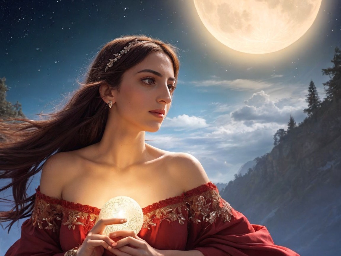 Young woman in red gown with glowing orb at night