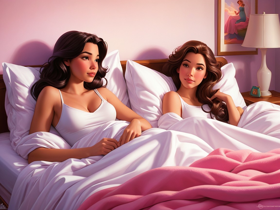 Young women in cozy bed with pillows and pastel decor