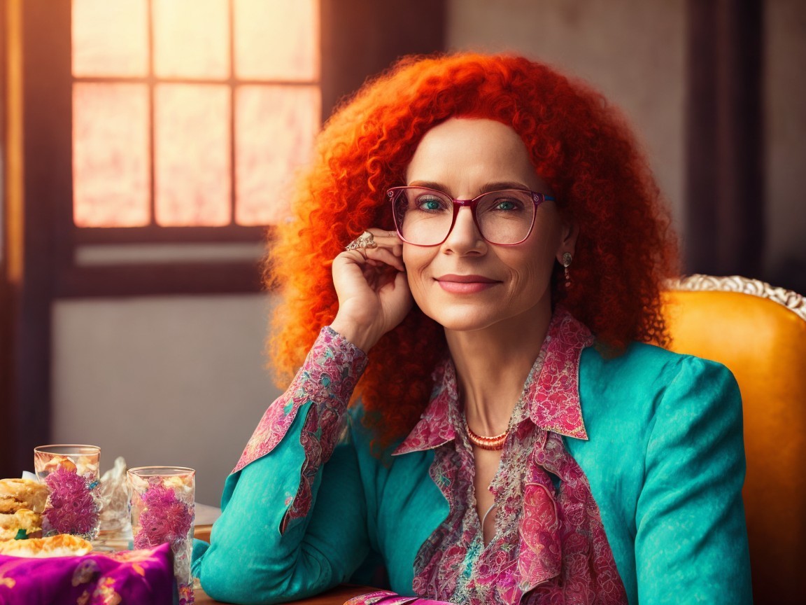 Elegant woman with curly red hair in cozy setting
