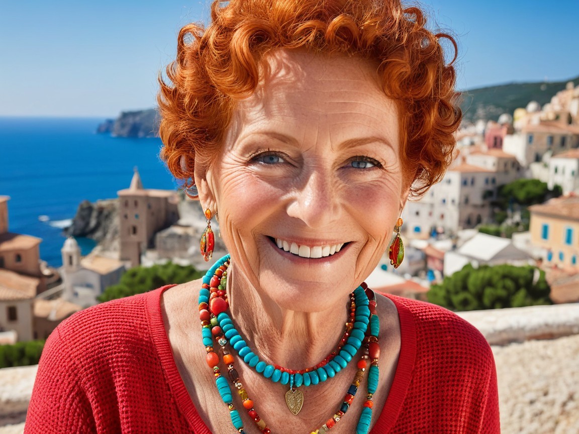Vibrant Red-Haired Woman in Mediterranean Setting