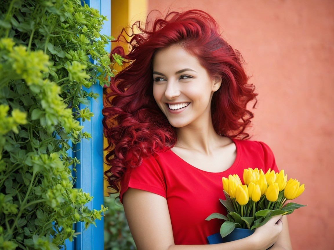 Cheerful woman with red hair and yellow tulips