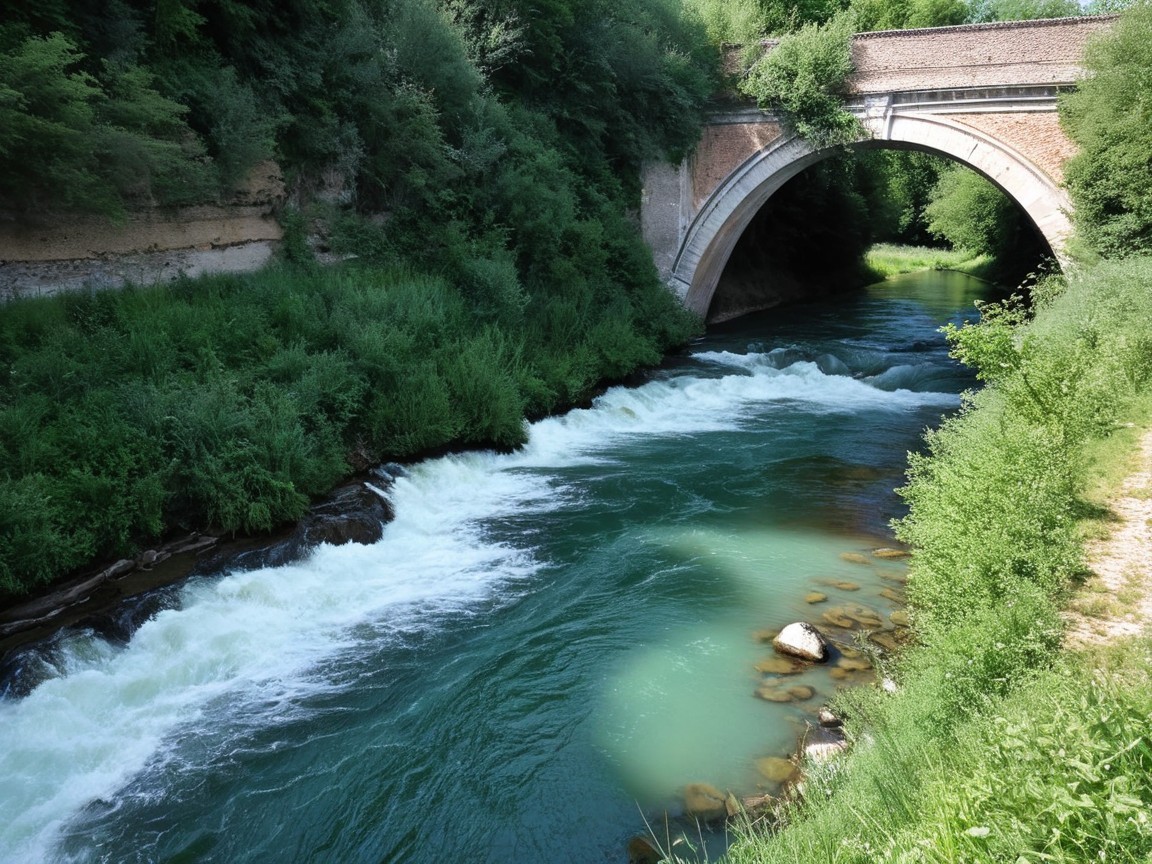 Tranquil Landscape with River and Old Brick Bridge