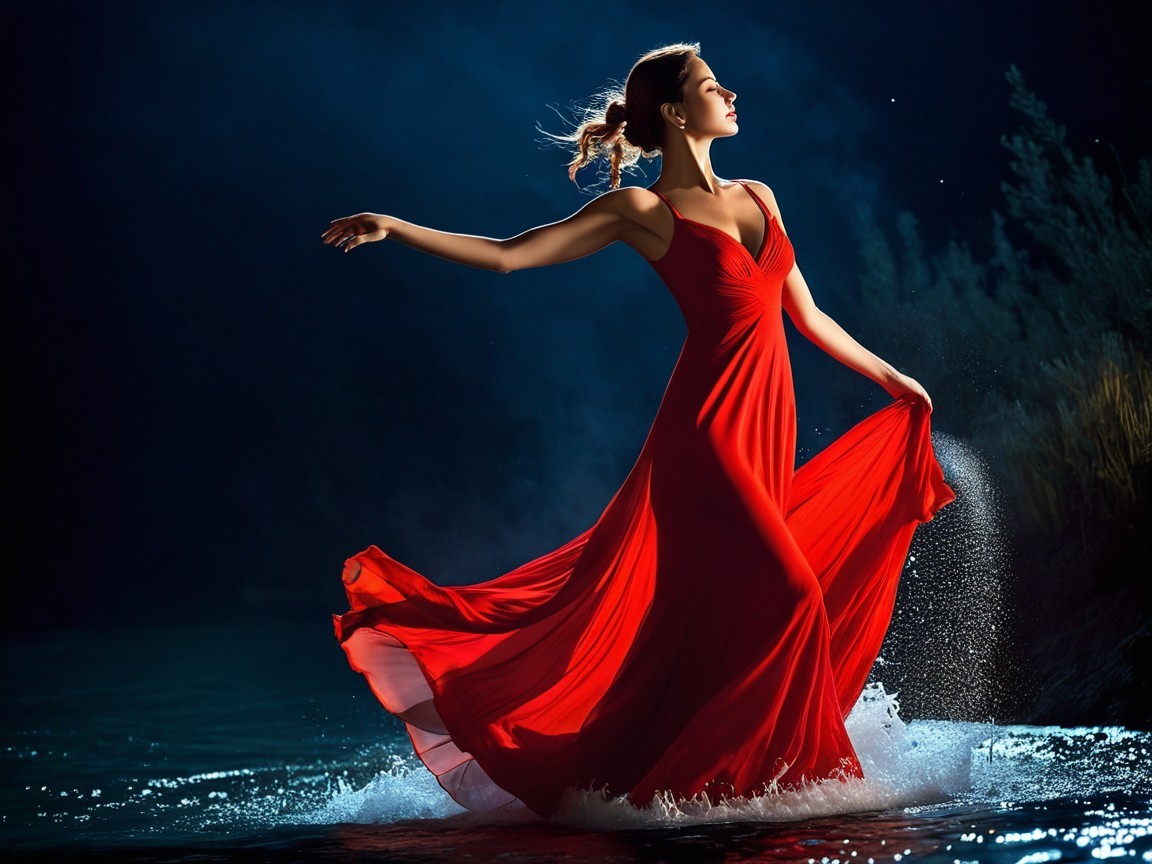 Woman in Red Dress Posing in Shallow Water at Night