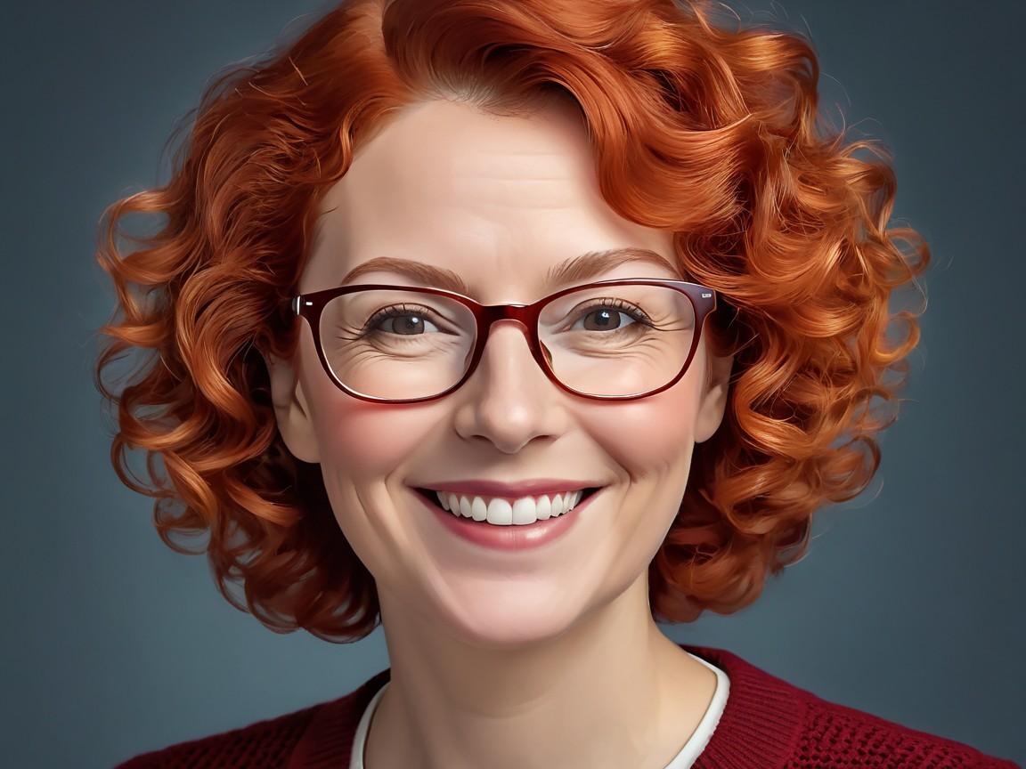 Smiling Woman with Curly Red Hair and Glasses