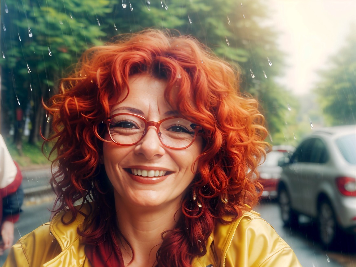 Joyful woman with red curly hair in yellow jacket