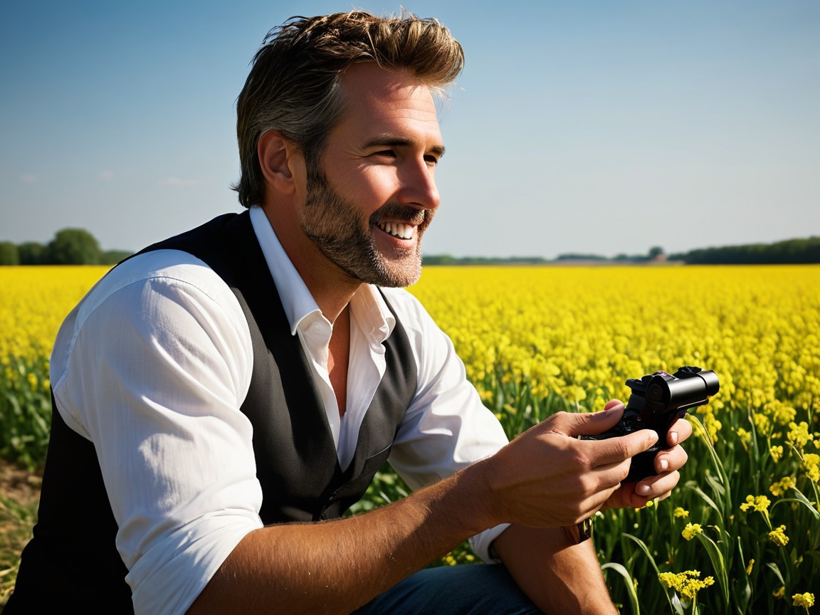 Man in Flower Field with Camera and Bright Sky