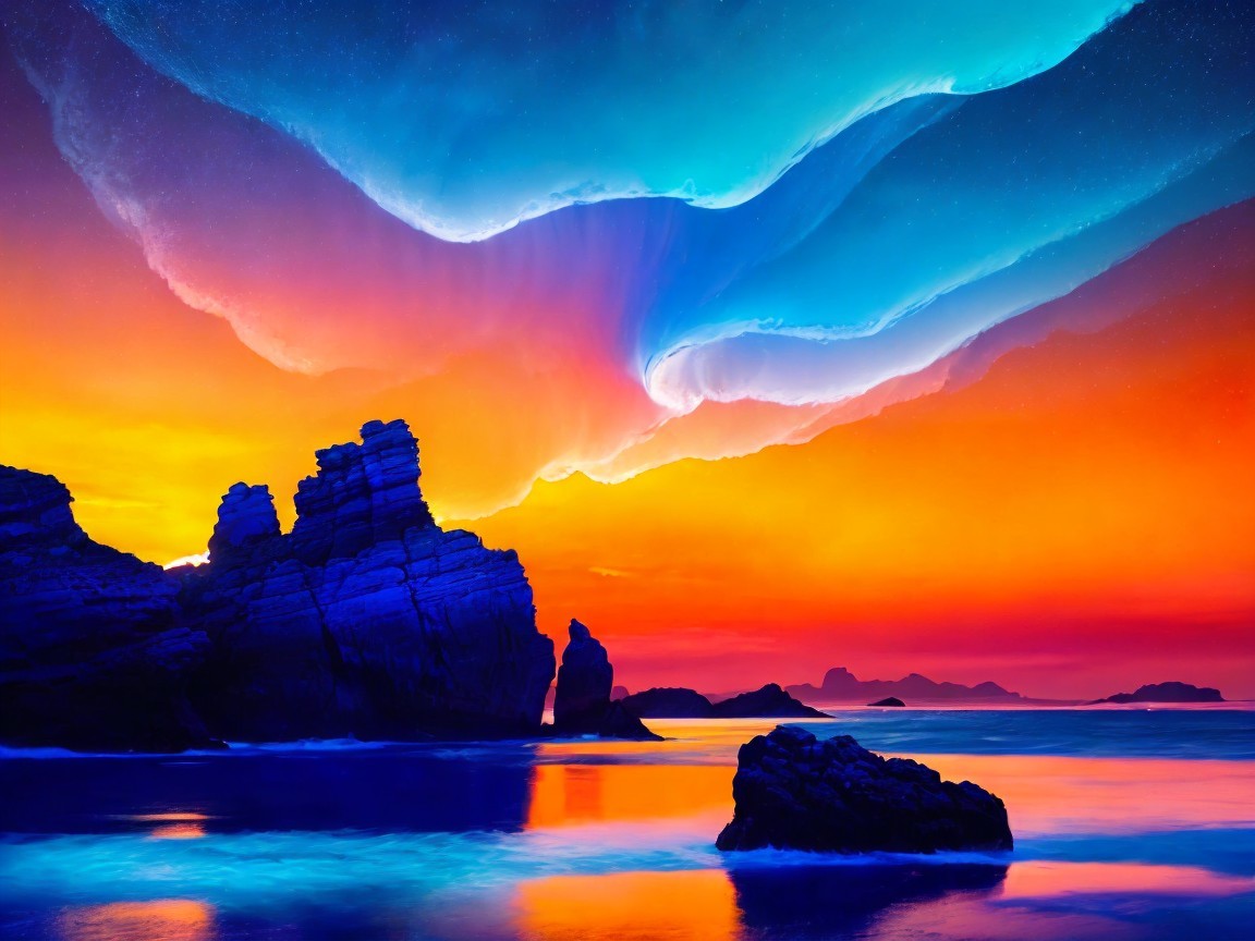 Seaside Landscape at Dusk with Vibrant Sky and Rocks