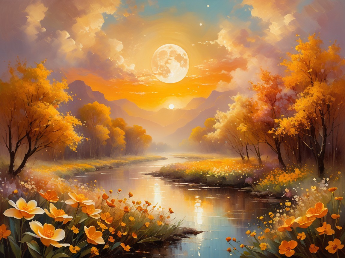 Serene Sunset Landscape with River and Autumn Foliage
