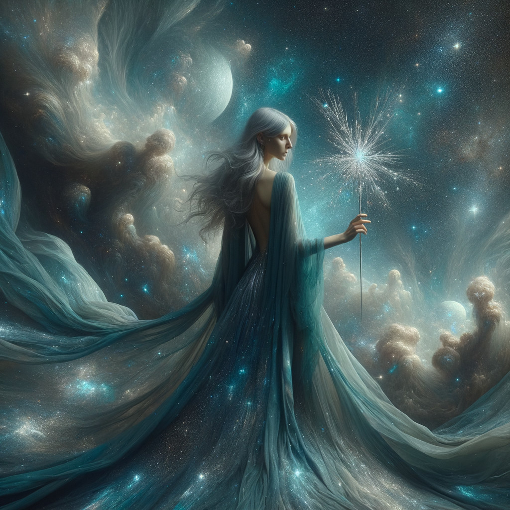 Celestial Figure in Ethereal Robes Amidst Galaxies
