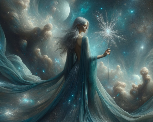 Celestial Figure in Ethereal Robes Amidst Galaxies
