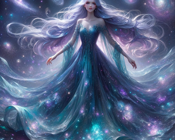 Celestial Figure in Flowing Gown with Cosmic Elements