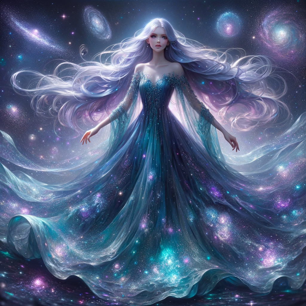 Celestial Figure in Flowing Gown with Cosmic Elements