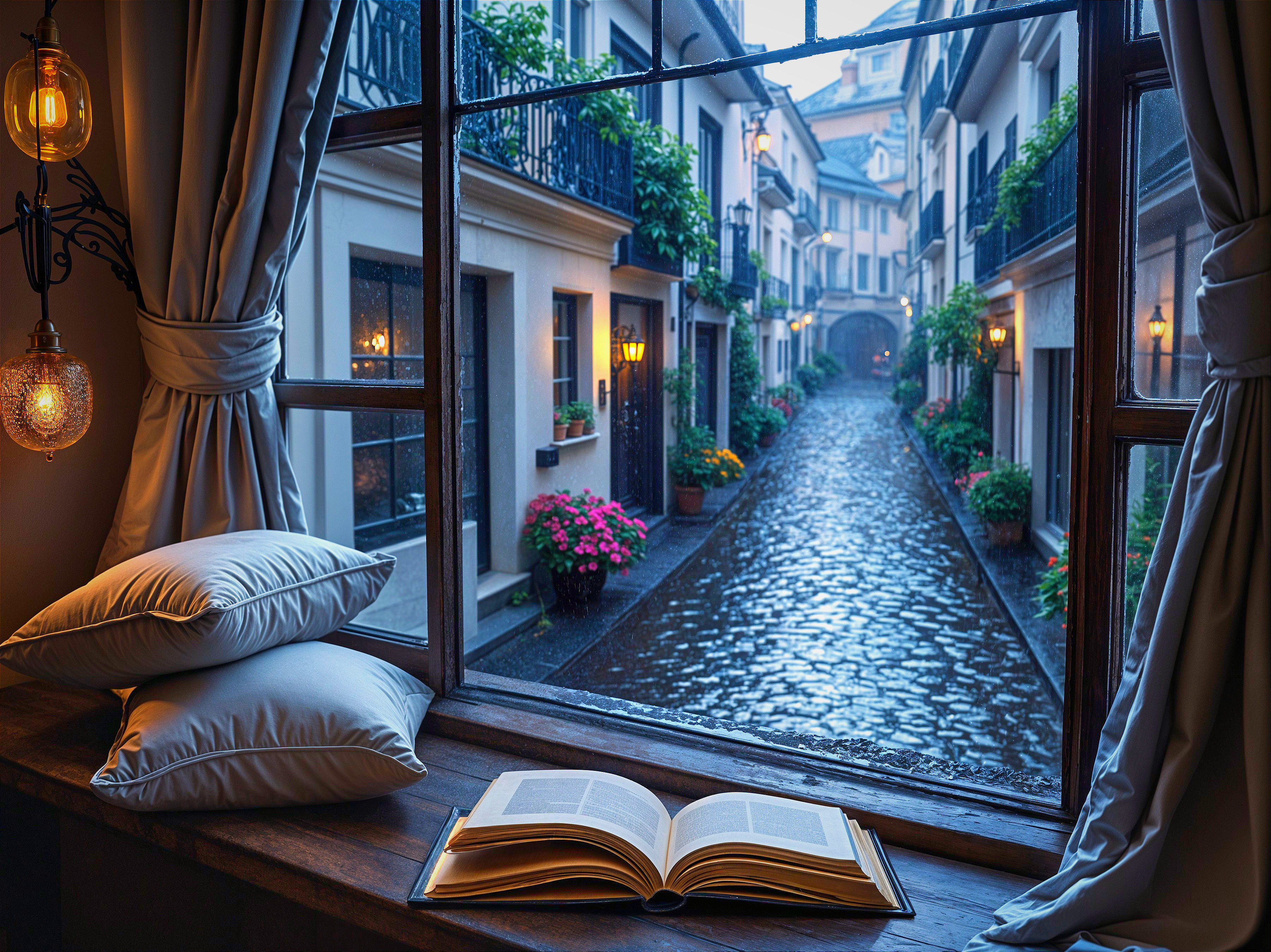 Cozy Window View of Rainy Cobblestone Street