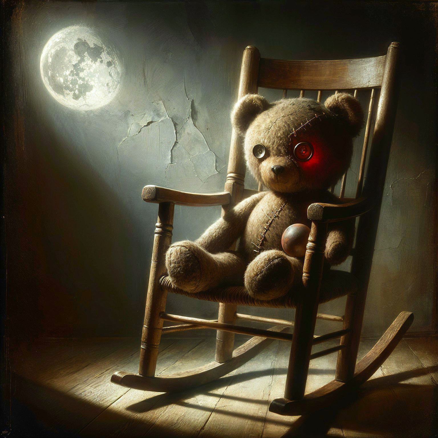 Weathered Teddy Bear in Moonlit Rocking Chair