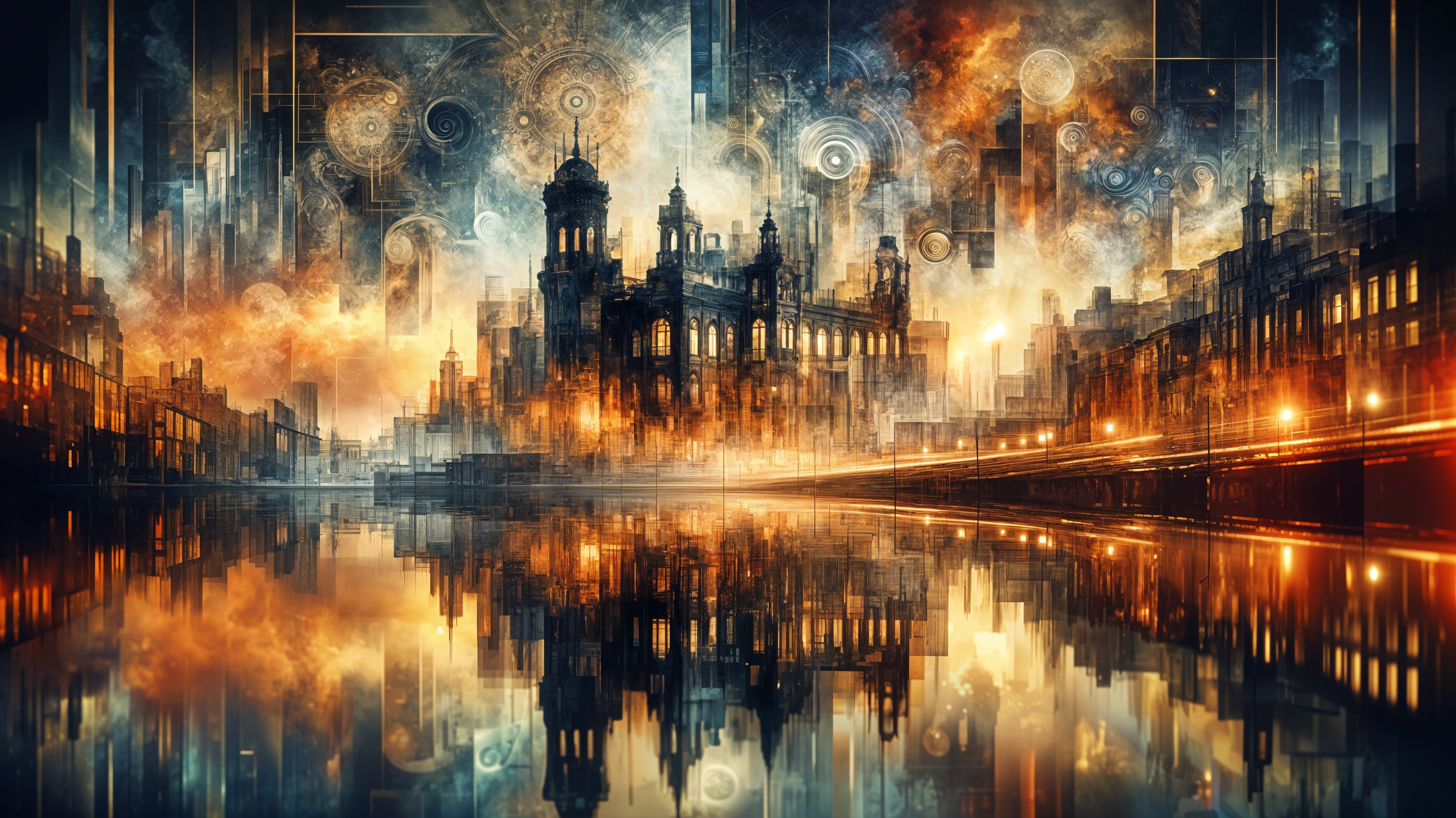 Surreal Cityscape at Dusk with Colorful Clouds