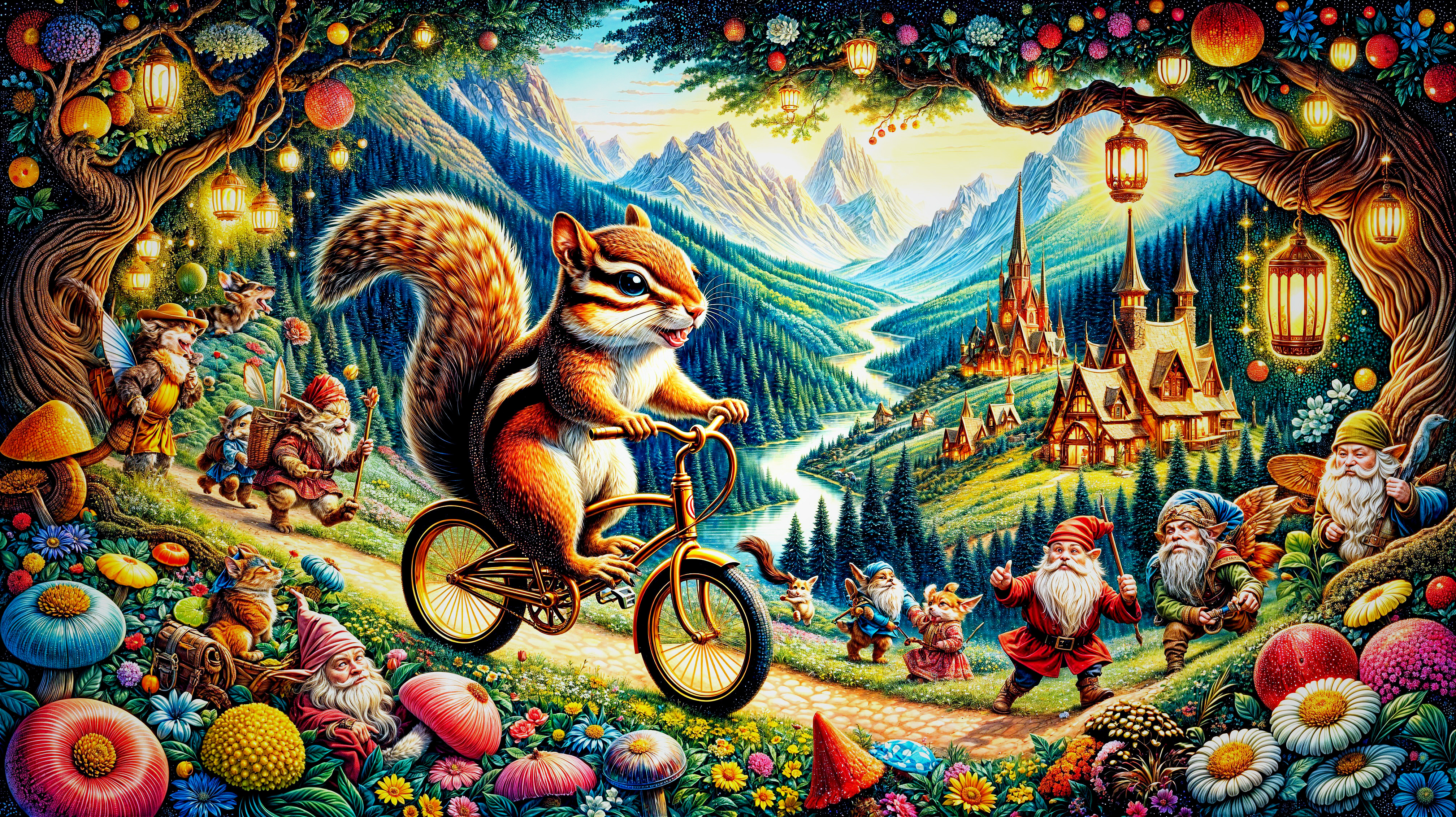 Whimsical Chipmunk Bicycle Ride in Enchanted Landscape