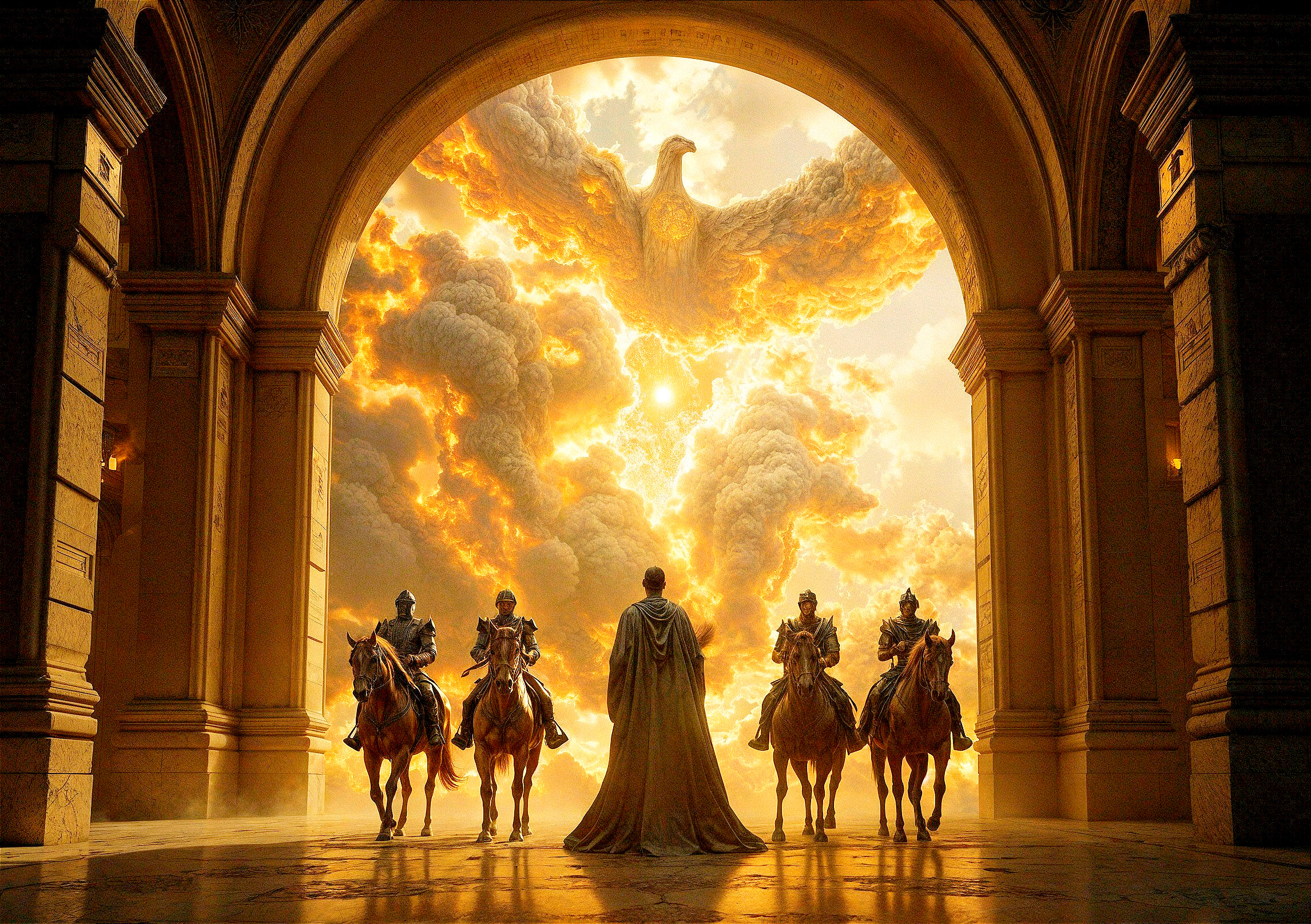Armored Knights and Phoenix in Golden Light Scene