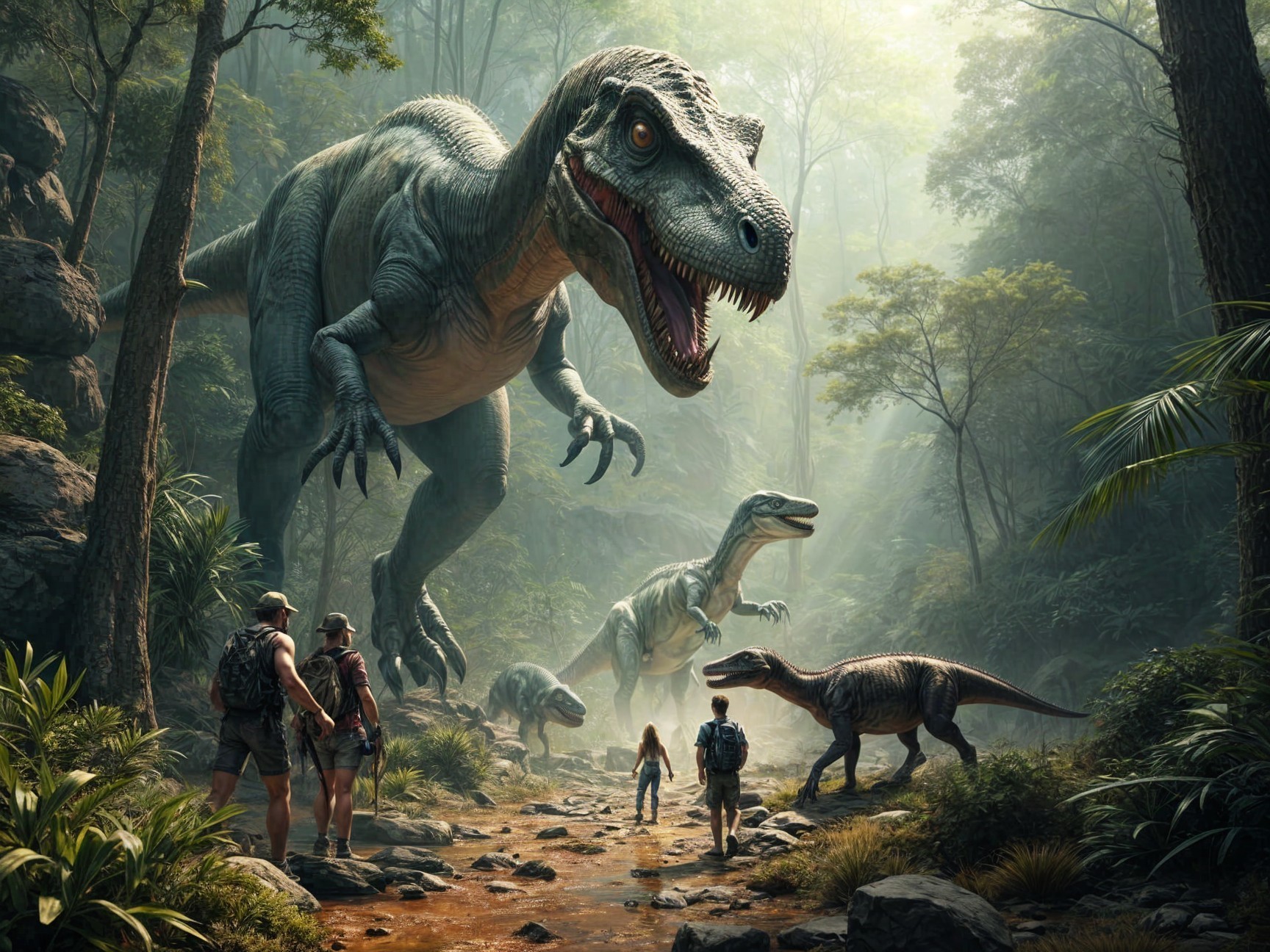 Prehistoric Forest with Dinosaurs and Explorers