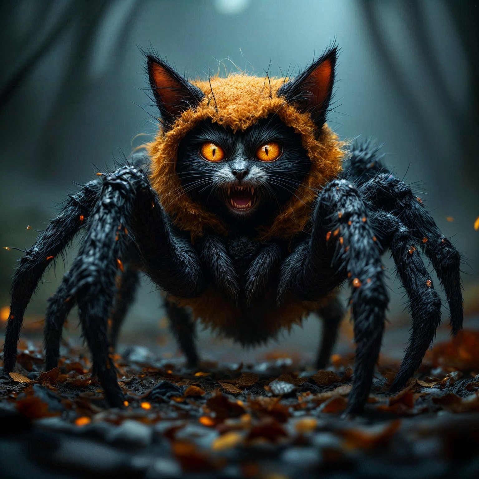 Hybrid Creature of Black Cat and Spider in Misty Setting