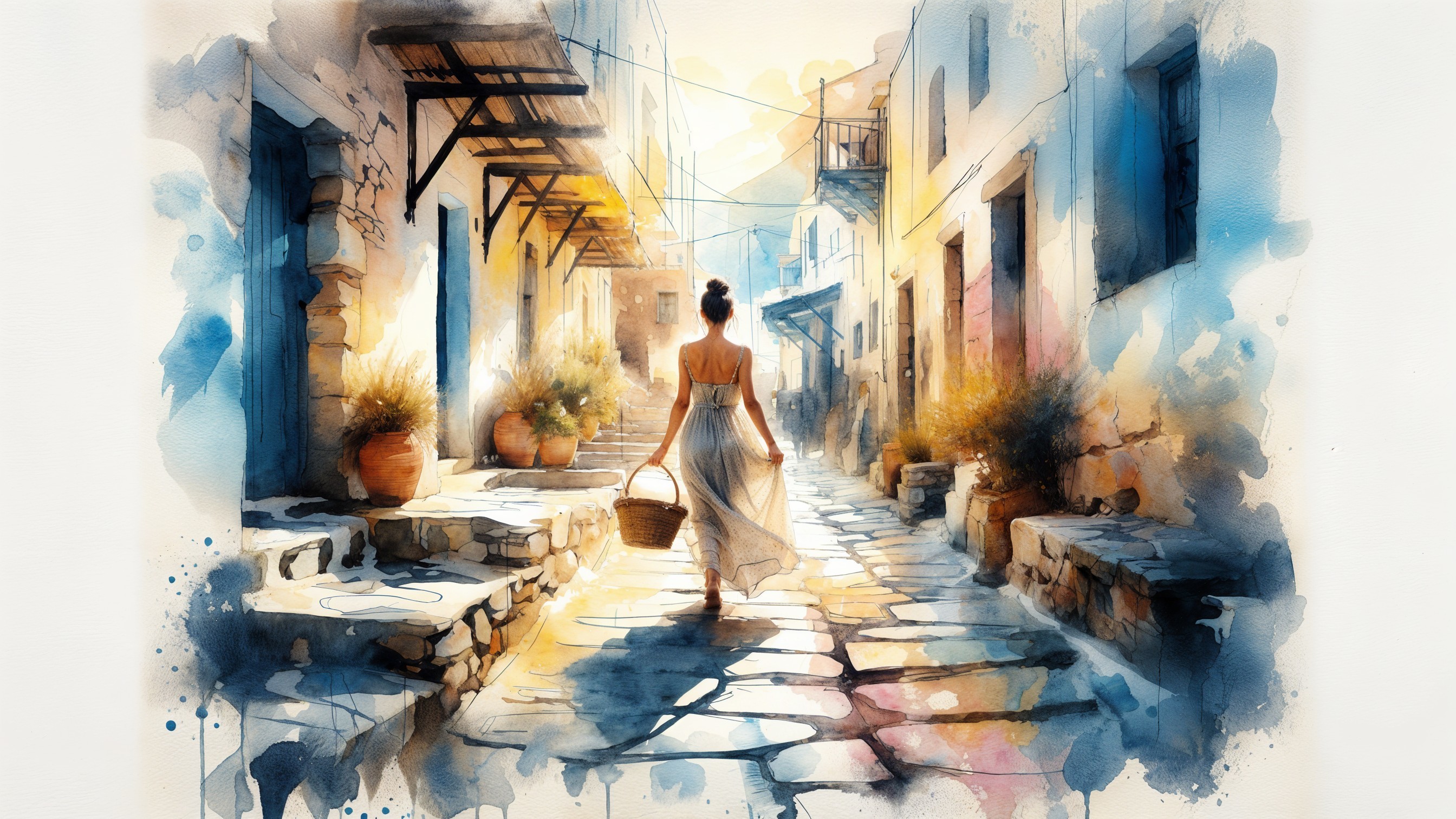 Serene Coastal Village Street Scene with Whitewashed Buildings