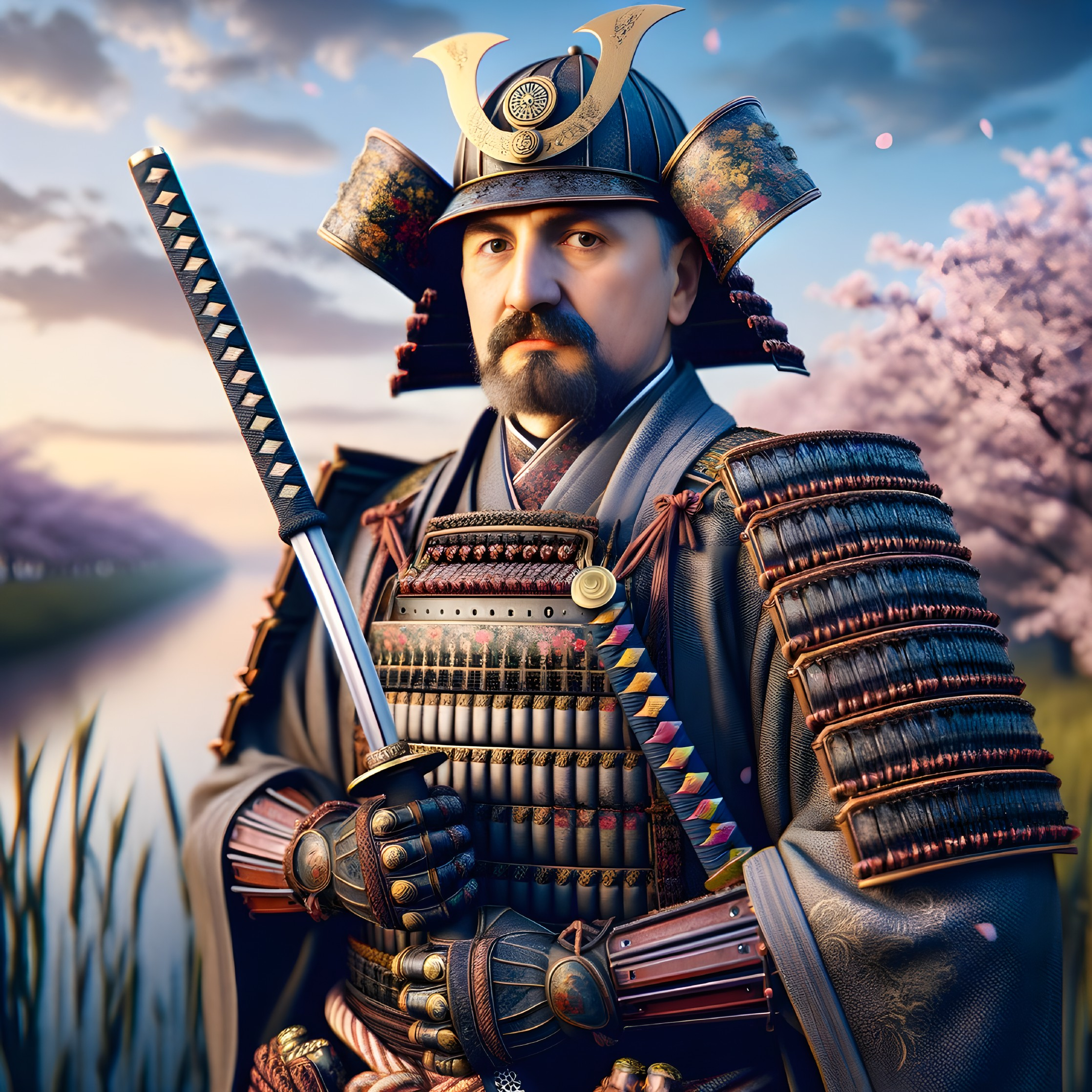 Samurai in Vibrant Armor Among Cherry Blossoms