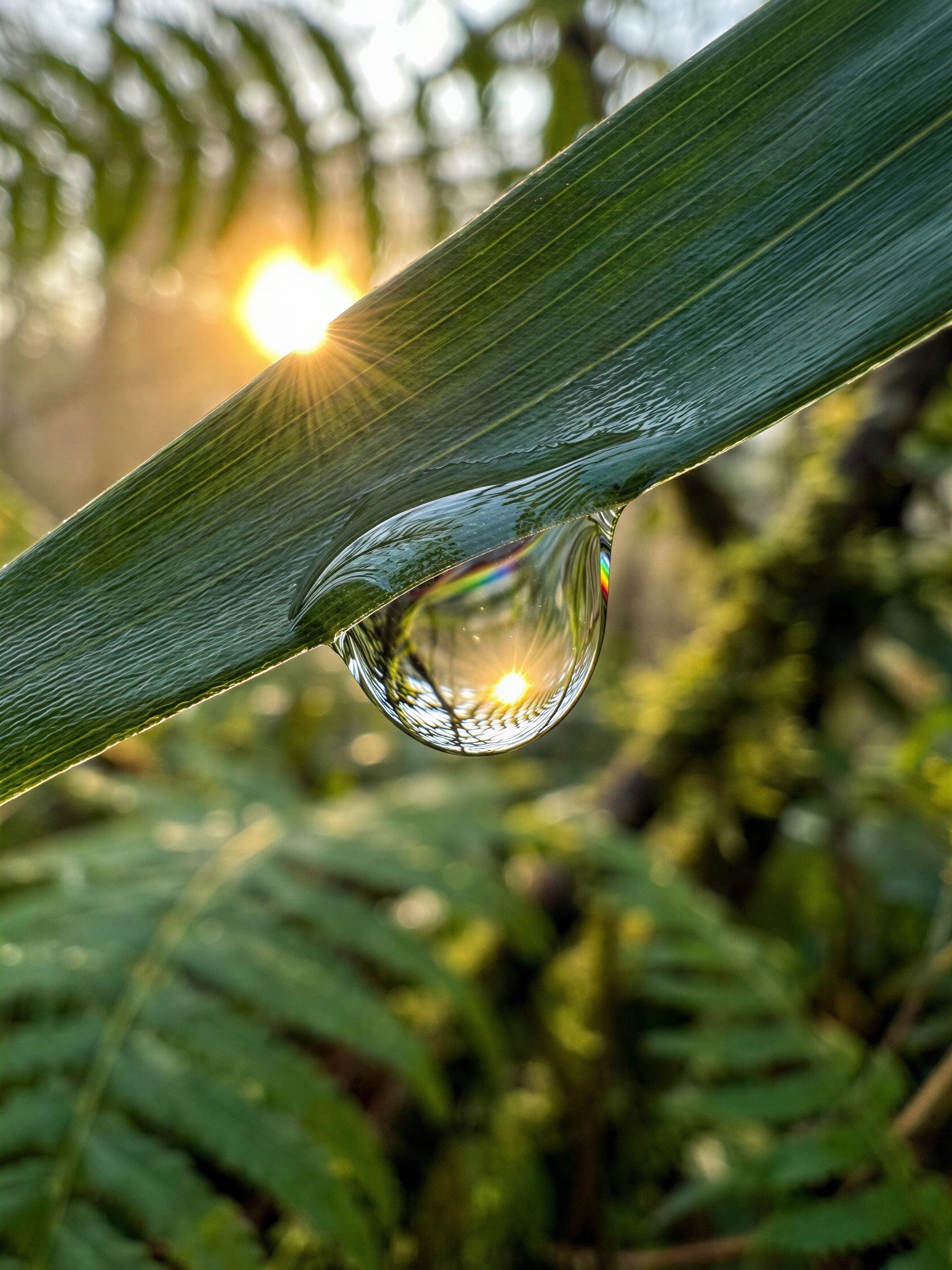 Close-Up of Leaf with Water Droplet and Sun Reflection