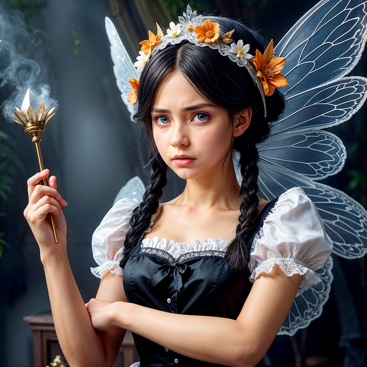 Young girl with butterfly wings in whimsical setting