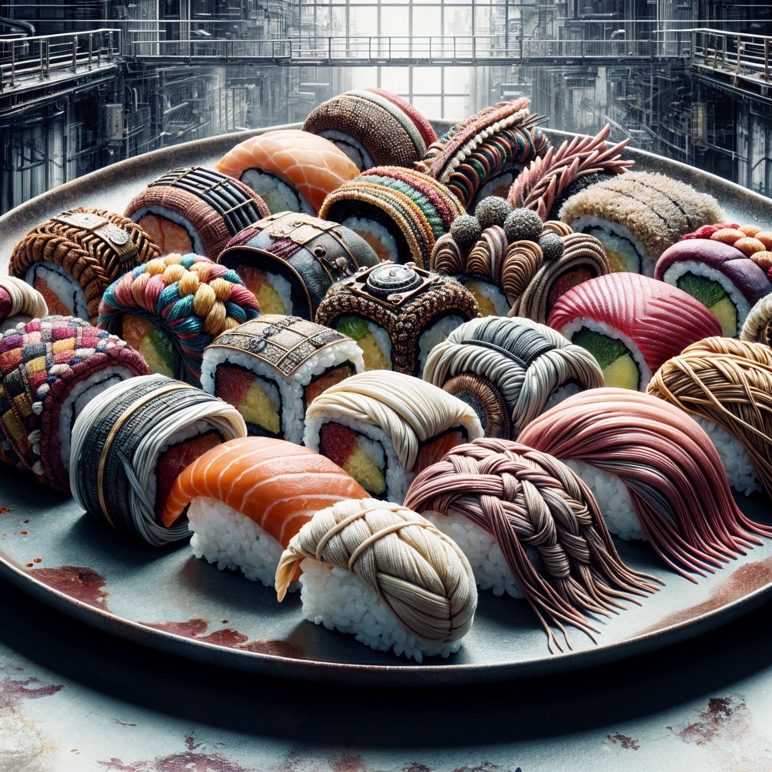 Intricate Sushi Platter in Industrial Setting