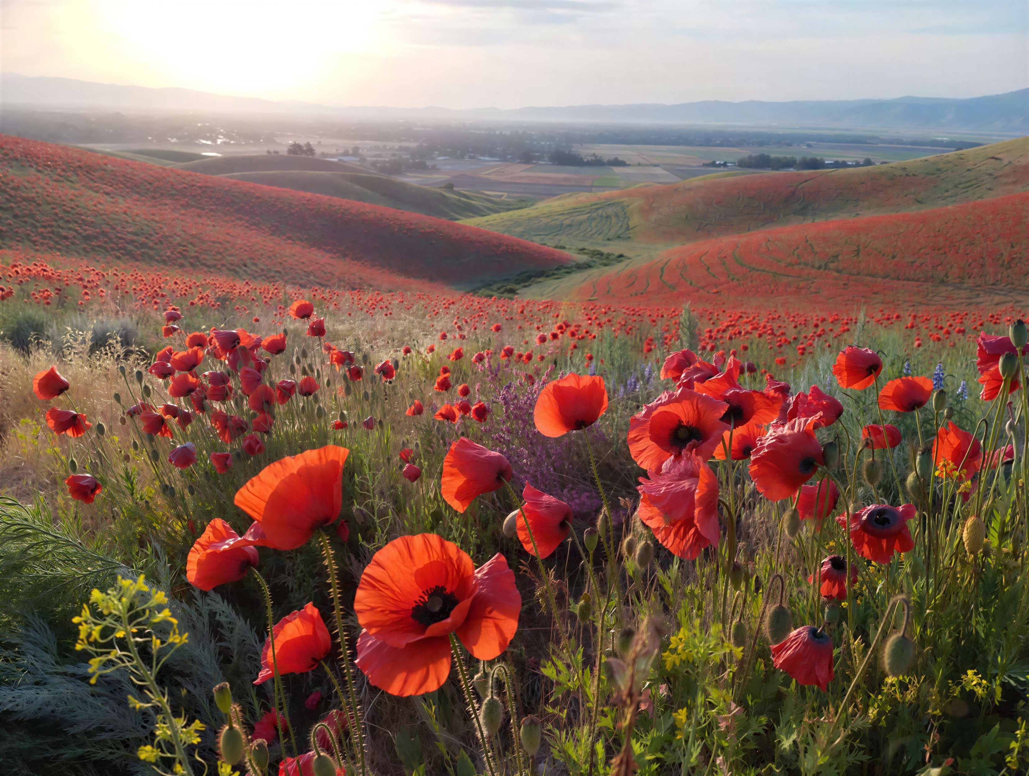 Vibrant Rolling Hills with Red Poppies at Sunset