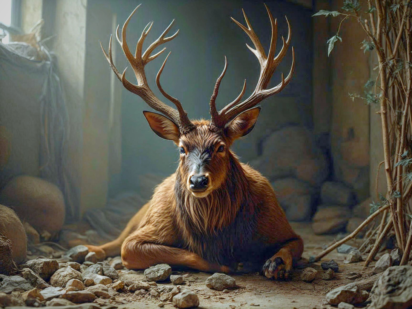 Majestic stag resting in a rustic indoor setting